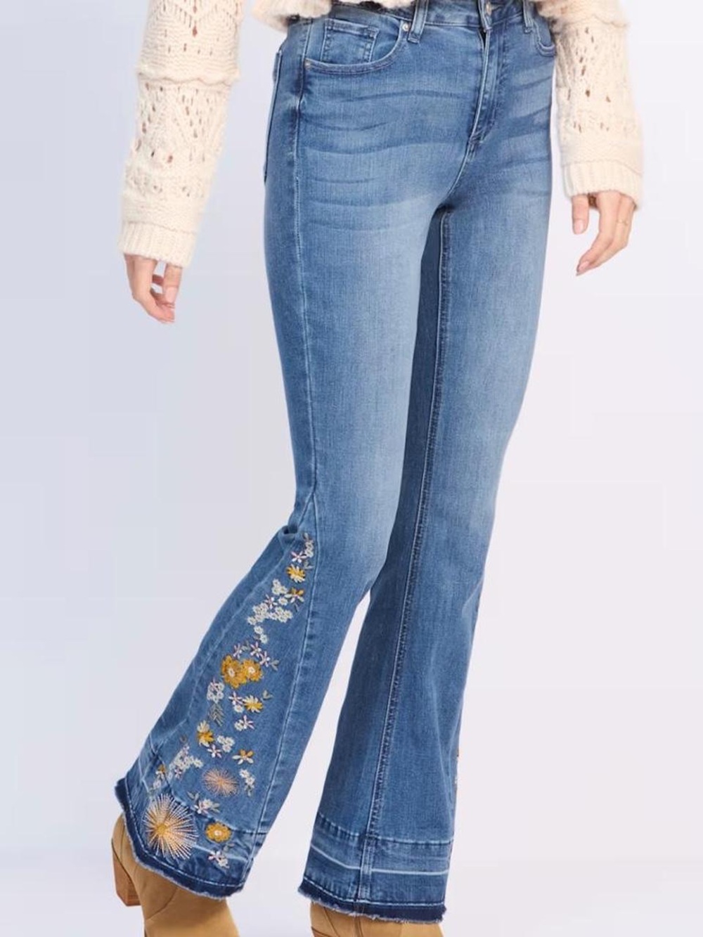 Ashley Mason Premium Floral Embroidered Flare Jeans Light Wash